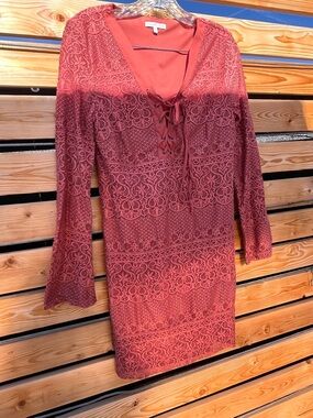 Charlotte Russe Brick Red Lace-Up Long Sleeve Dress